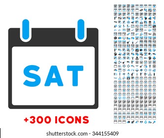 Saturday vector pictogram with additional 300 date and time management icons. Style is bicolor flat symbols, blue and gray colors, rounded angles, white background.