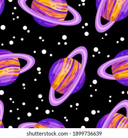 Saturn abstract seamless space pattern background with planets with rings. Solar system planets children wallpaper texture tile. Vector stock illustration