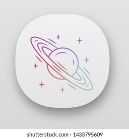 Saturn app icon. Planet with rings. Sixth planet from Sun. Planetary science. Space exploration. Celestial object. UI/UX user interface. Web or mobile applications. Vector isolated illustrations