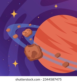 Saturn and asteroids floating in outer space vector illustration. Drawing of orange planet with rings, stars in sky, space observation or exploration. Outer space, exploration, astronomy concept