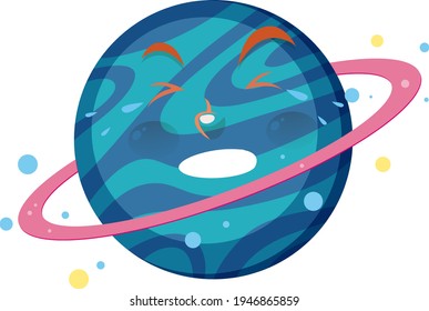 Saturn cartoon character with crying face expression on white background illustration