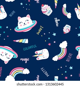 Saturn cat and magical icons seamless pattern  print design. Vector illustration design for fashion fabrics, textile graphics, prints.