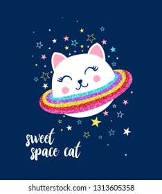 Design de impressão de ícones de gato e espaço de Saturno. Design de ilustração vetorial para tecidos de moda, gráficos têxteis, estampas.