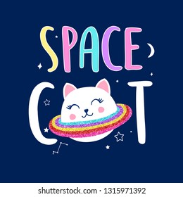 Saturn cat and space icons print design. Vector illustration design for fashion fabrics, textile graphics, prints.