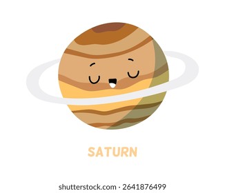 Saturn character with cute face. Vector in flat style, isolated personage of solar system. Learning universe and cosmos, exploration of celestial bodies. Kawaii sticker or emoticon for kids