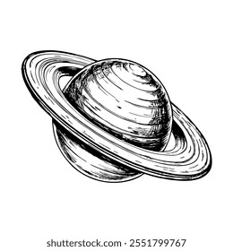 Saturno como um círculo com anéis simples desenhados ao seu redor, sobre um fundo branco