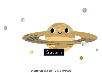 Saturn. Cute kawaii planet character with smiling face. Funny celestial body. Solar system. Astronomy for kids. Vector flat cartoon illustration