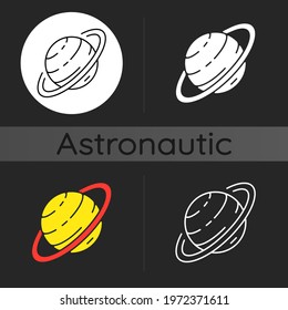 Saturn dark theme icon. Sixth planet from sun. Gas giant space body with gas ring around it. Discovering galaxy. Linear white, simple glyph and RGB color styles. Isolated vector illustrations