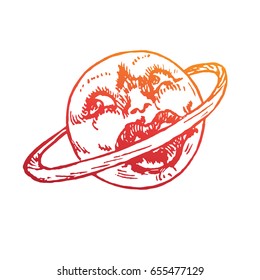 The saturn with funny face bite his ring, c�hubby lips, old fashioned woodcut style design, hand drawn doodle, sketch in pop art style, isolated vector illustration