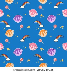 Saturn ice cream cartoon so cute. On cloud rainbow lollipop star blue background. Pattern seamless vector illustration. 