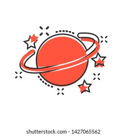 Saturn icon in comic style. Planet vector cartoon illustration on white isolated background. Galaxy space business concept splash effect.