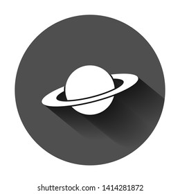 Saturn icon in flat style. Planet vector illustration on black round background with long shadow. Galaxy space business concept.