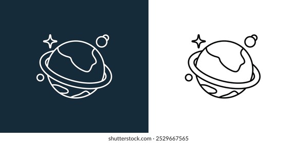 ícone saturno isolado em cores brancas e pretas. saturno ícone vetorial linear do contorno da coleção de espaço externo para aplicativos móveis, web e interface do usuário.