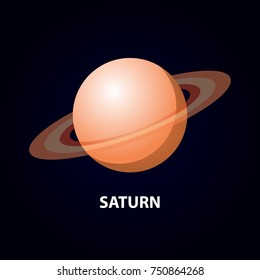 Saturn Icon on Space Background. Planet of the Solar System. Vector Illustration. Flat Style. Graphic Design for Education Classes, Study Books, Planetarium, Flayers, Banners, Posters, Cards.