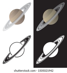 Saturn Isolated Vector Illustration in Full Color, Black Line Art, and White Variations