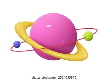 Saturn, Jupiter, Uranus, Neptune 3d icon. Planet with ring around and orbiting mini planets, fantasy globe. Vector illustration of cartoon minimal kids toy of solar system sphere