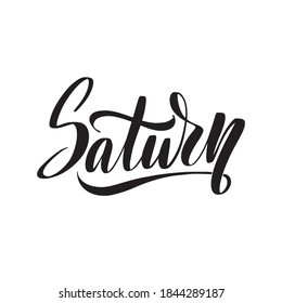 Saturn lettering in modern style. Planet vector typography illustration on black stars background. Galaxy space business concept. Great stock calligraphy for diaries, cards, badges, social media. 
