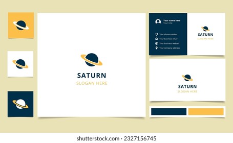 Saturn Logo-Design mit bearbeitbarem Slogan. Branding-Buch- und Visitenkartenvorlage.