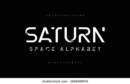 Saturn: Modern futuristic alphabet typeface. A to z typography letter. Vector illustration word.