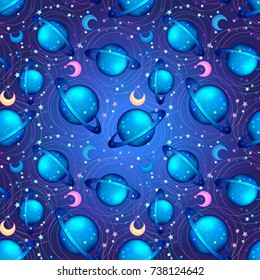 Saturn and moon seamless pattern. with stars in night sky. Trendy stylish textiles. Repeating tile, artwork for wallpapers, wrapping paper, fabrics. Isolated vector illustration.