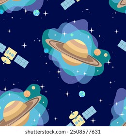 Saturno com suas luas, estrelas, planetas e naves espaciais em fundo azul escuro. Padrão contínuo. Espaço ilustração vetorial para material escolar, papel de parede, papel de embrulho.