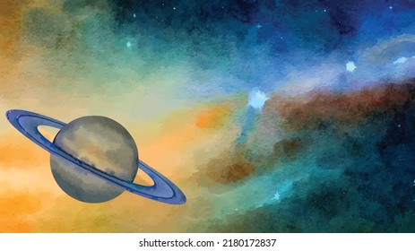 
Saturn with nebula and galaxies in deep space. 
Astronomy abstract concept background. Galaxy creative wallpapers. Watercolor style. Vector illustration. Clipart