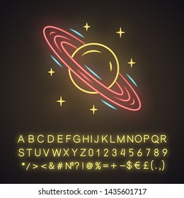 Saturn neon light icon. Planet with rings. Solar system. Space exploration. Celestial object. Capricorn planetary ruler. Glowing sign with alphabet, numbers and symbols. Vector isolated illustration