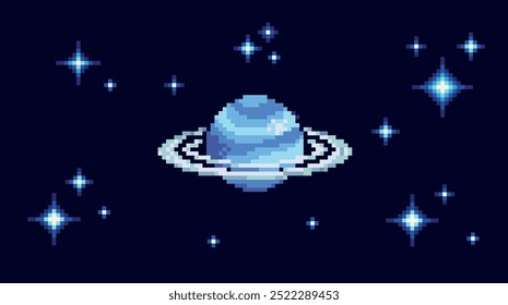 Saturn pixel art banner. Blue gas giant, planet with asteroid field. Astronomical object background. 8-bit sprite. Game development, mobile app. Isolated vector illustration.