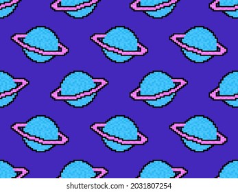 Patrón sin fisuras de píxeles de saturn. Videojuegos gráficos de Saturno de 8 bits en los años 90. Diseño para imprimir, embalar papel y publicidad. Ilustración del vector