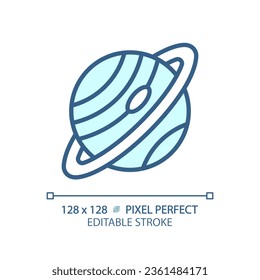 Saturn pixel perfect light blue icon. Ring planet. Deep space. Planetary astronomy. Science project. RGB color sign. Simple design. Web symbol. Contour line. Flat illustration. Isolated object