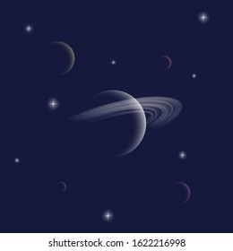 Saturn Planet Abstract Vector Background or Card Template. Shaded Sphere with Lights Circles on Dark Space Background. Transparent Star Astronomy Shapes.