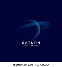 Saturn Planet Abstract Vector Sign, Emblem or Logo Template. Shaded Sphere with Lights Circles on Dark Space Background. Transparent Shape Planet Icon with Modern Typography. Isolated.