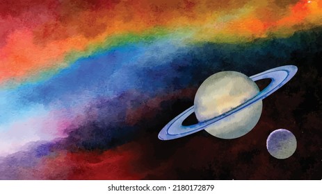  
Saturn planet ant its moon, Nebula and galaxies in deep space. 
Astronomy abstract concept background. Galaxy creative wallpapers. Watercolor style. Vector illustration. Clipart