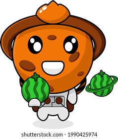 Saturn planet astronaut mascot cartoon character holding watermelon