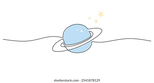 O planeta Saturno em desenho contínuo de uma linha. Conceito de objeto espacial simples destacando características planetárias.