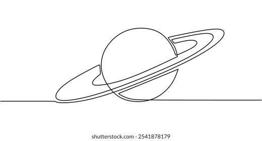 O planeta Saturno em desenho contínuo de uma linha. Conceito minimalista de objeto espacial com foco no design planetário.