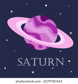Saturn Planet. Saturn in flat cartoon style on space star sky. Saturn planet isolated in the night sky . Planet of solar system.Poster for children room, education,solar system, planet, space.