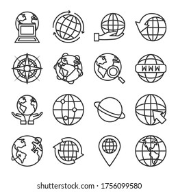 conjunto de iconos de planeta saturado y esfera global sobre fondo blanco, estilo de línea, ilustración vectorial