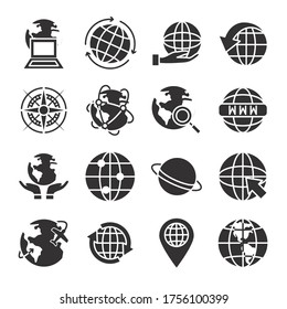 saturn planet and global sphere icon set over white background, silhouette style, vector illustration