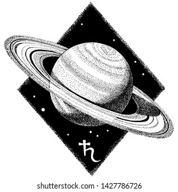 Saturn planet. Hand drawn illustration in dotwork style. Space concept, astrology, astronomy t shirt print, cosmic logo design. Astrological ruler over capricorn zodiac sign.