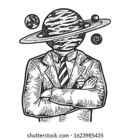 Saturn planet head businessman sketch engraving vector illustration. T-shirt apparel print design. Scratch board imitation. Black and white hand drawn image.