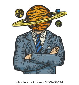 Saturn Planet Head Businessman Sketch Color Engraving Vector Illustration. T-shirt Apparel Print Design. Scratch Board Imitation. Black And White Hand Drawn Image.