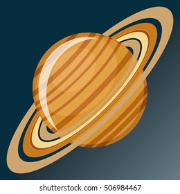 Saturn planet icon with long shadow.  Space view and texture map of  the globe Saturn. Solar system. Cartoon vector illustration in flat style.