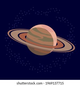 Saturn planet icon and stars. Solar system. Cartoon icon with dark blue background, vector illustration