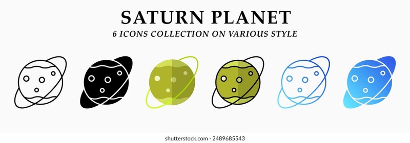 Saturn planet icons collection. 6 Various styles. Lineal, solid Black, flat, lineal color and gradient. For sign, symbol, presentation, infographic or web graphics. Vector Illustration.