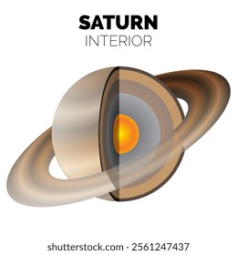 Saturn Planet Interior or Layers of the Saturn with Rocky Core, Metallic Hydrogen, Liquid Hydrogen, Helium, Gas Isolated Illustration