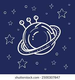 saturn planet line art sketch for web, book vector illustration. Dark blue background.