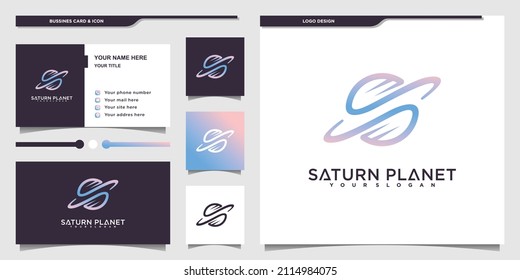 Saturn planet logo with unique line art style and business card design Premium vektor