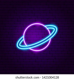 Saturn Planet Neon Label. Vector Illustration of Space Promotion.