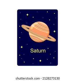Saturn planet on flashcard. Educational material for kids. Space science learning in primary school and kindergarten. Vector cartoon illustration.